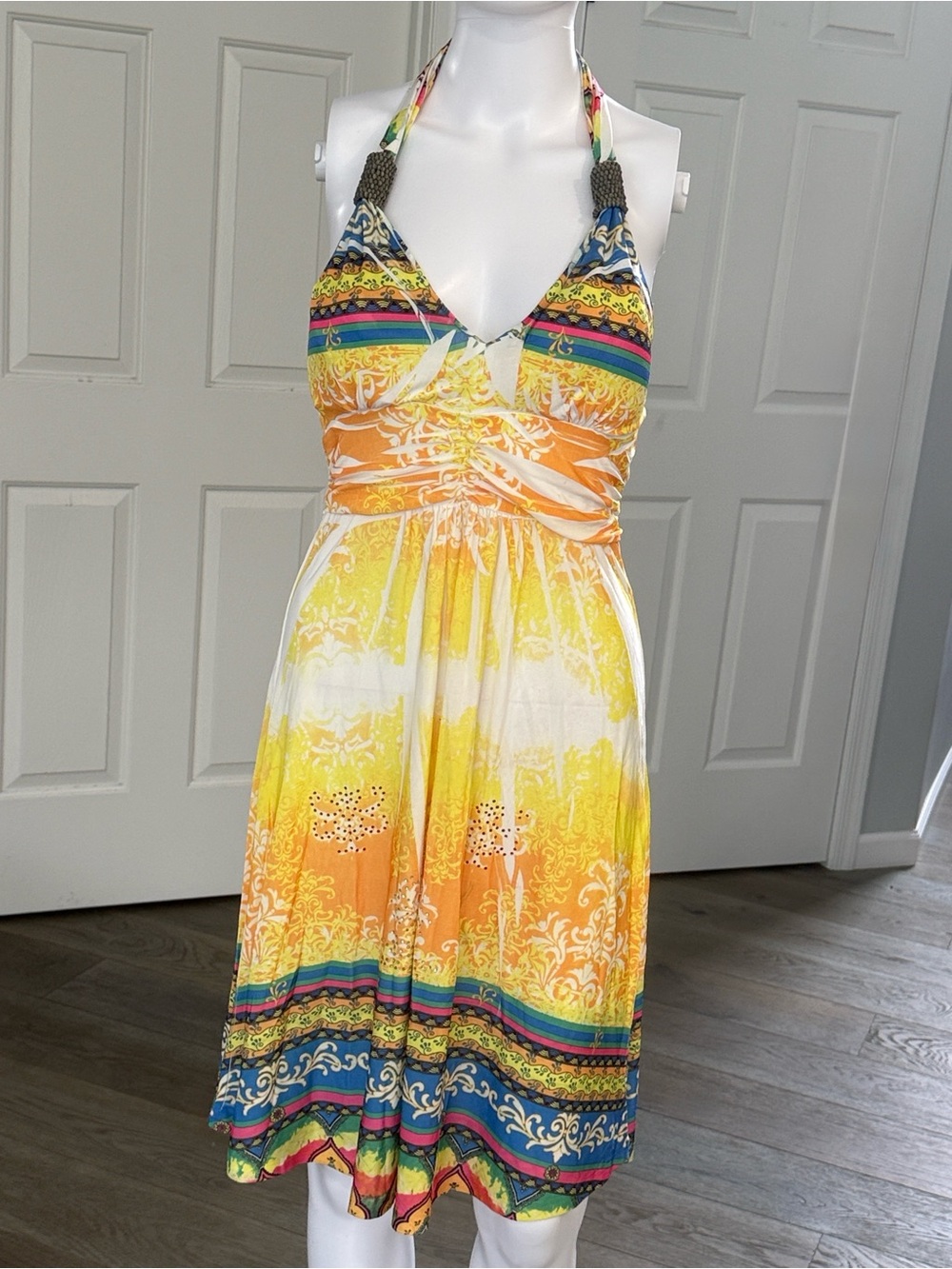 Cristinalove Yellow Multicolored Beaded Crystal Print Halter Summer Dress-S